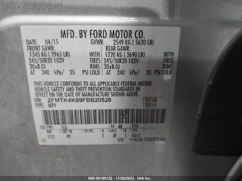 2FMTK4K89FBB20528 2015 FORD EDGE, photo no. 9