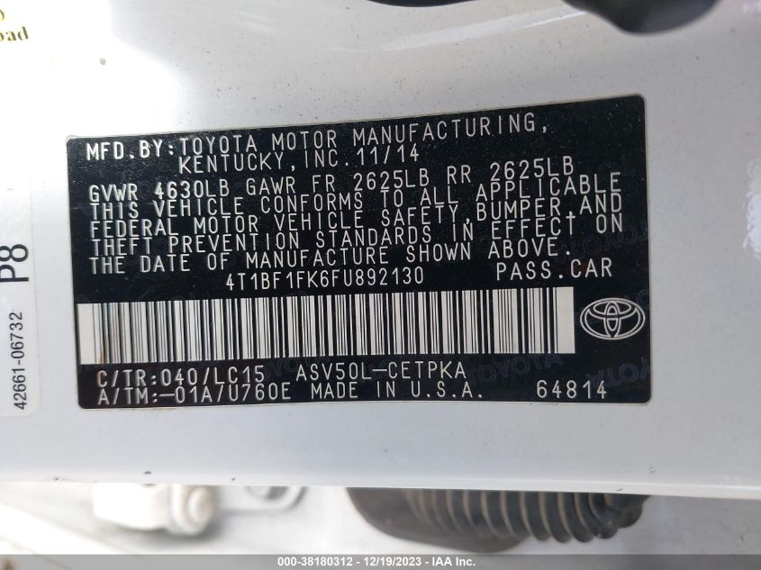 2015 TOYOTA CAMRY XSE - 4T1BF1FK6FU892130