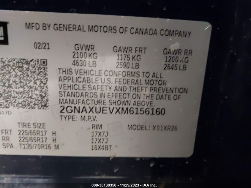 2021 CHEVROLET EQUINOX LT - 2GNAXUEVXM6156160