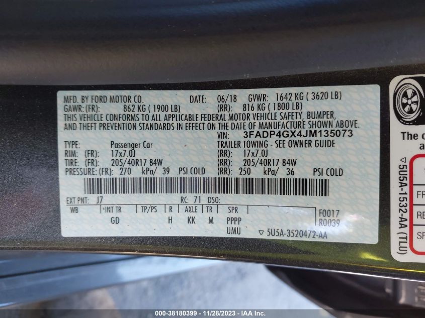 VIN 3FADP4GX4JM135073 2018 FORD FIESTA ST