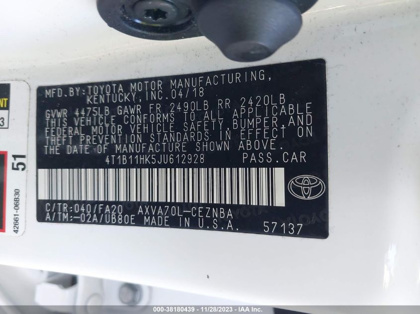 2018 TOYOTA CAMRY L/LE/XLE/SE/XSE - 4T1B11HK5JU612928