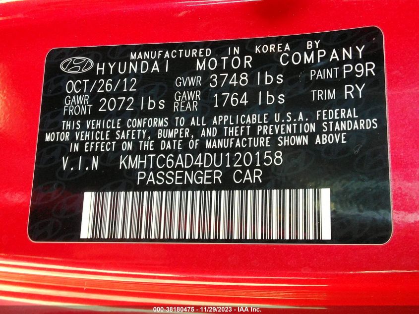 2013 HYUNDAI VELOSTER BASE W/GRAY - KMHTC6AD4DU120158