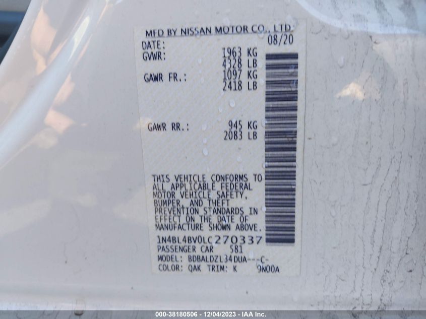 2020 NISSAN ALTIMA S - 1N4BL4BV0LC270337