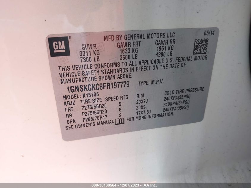 2015 CHEVROLET TAHOE LTZ - 1GNSKCKC8FR197779