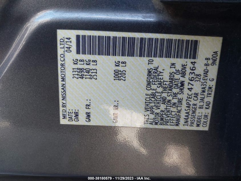 2014 NISSAN MAXIMA S/SV - 1N4AA5AP7EC476364