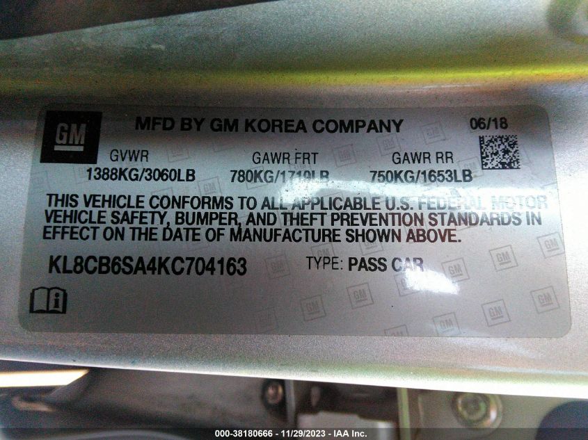 2019 CHEVROLET SPARK LS - KL8CB6SA4KC704163