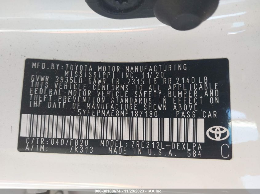 2021 TOYOTA COROLLA LE - 5YFEPMAE8MP187180