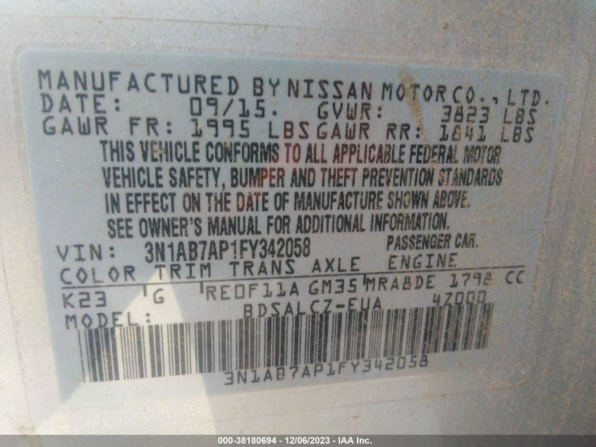 2015 NISSAN SENTRA S/SV/SR/SL - 3N1AB7AP1FY342058