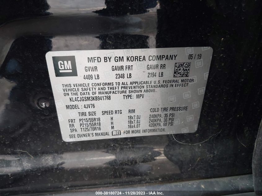 KL4CJGSM3KB941768 2019 BUICK ENCORE, photo no. 9