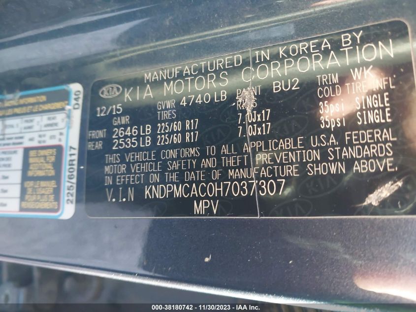 2017 KIA SPORTAGE LX - KNDPMCAC0H7037307