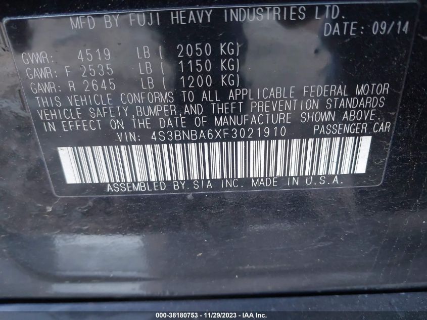 2015 SUBARU LEGACY 2.5I - 4S3BNBA6XF3021910