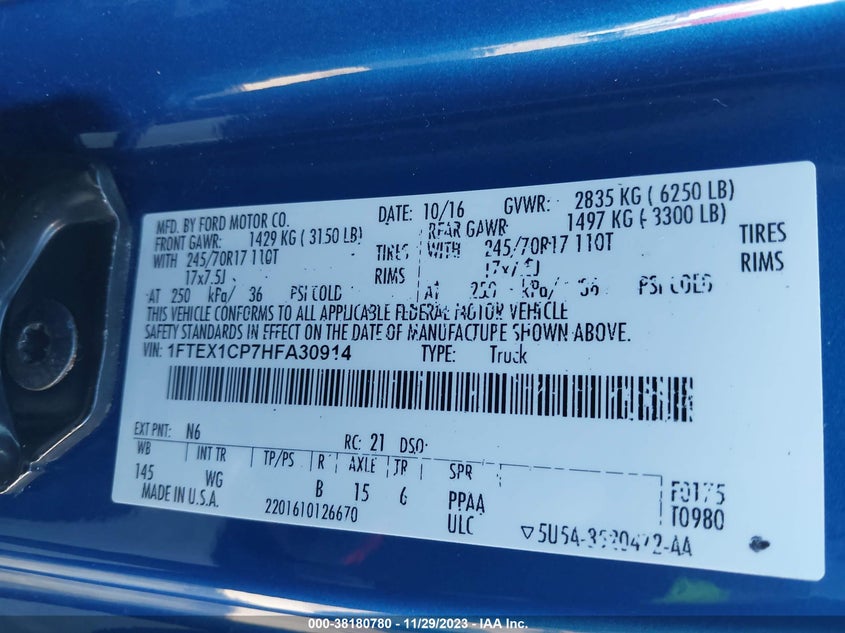 VIN 1FTEX1CP7HFA30914 2017 FORD F-150 XL