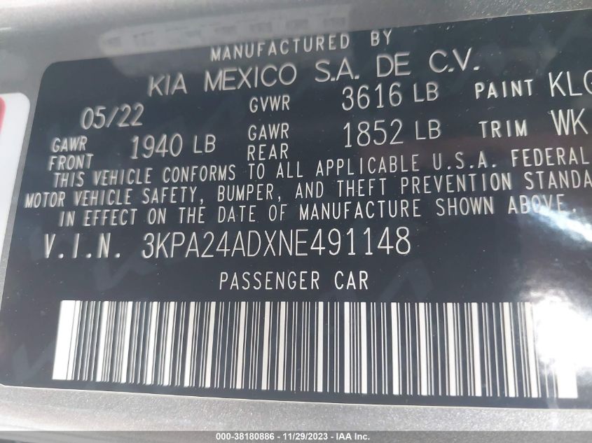 2022 KIA RIO LX/S - 3KPA24ADXNE491148