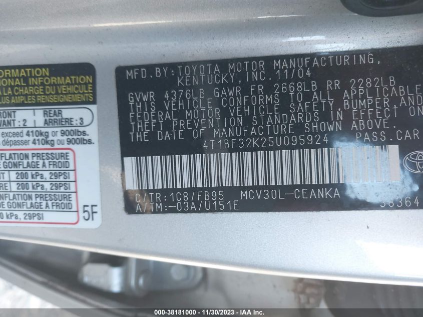 4T1BF32K25U095924 | 2005 TOYOTA CAMRY