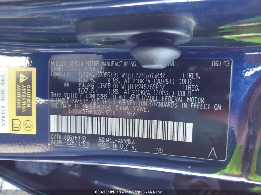 2013 TOYOTA HIGHLANDER PLUS/SE - 5TDBK3EH9DS241738