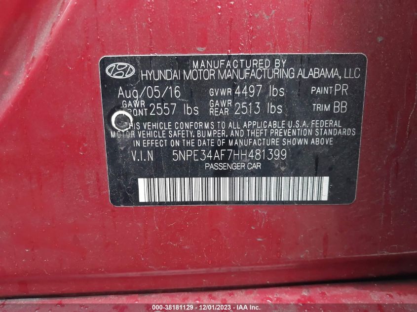 2017 HYUNDAI SONATA SPORT/LIMITED - 5NPE34AF7HH481399