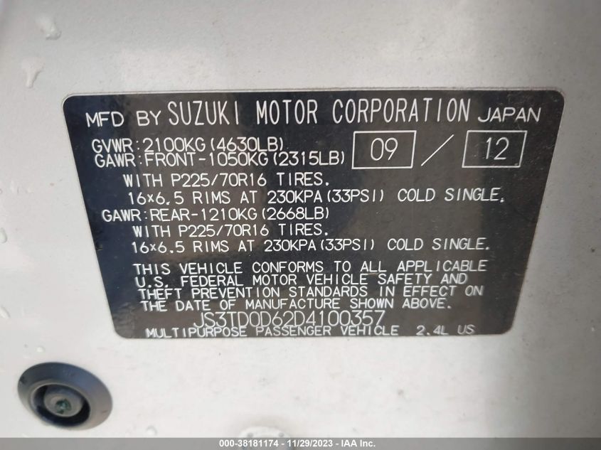 2013 SUZUKI GRAND VITARA PREMIUM JS3TD0D62D4100357