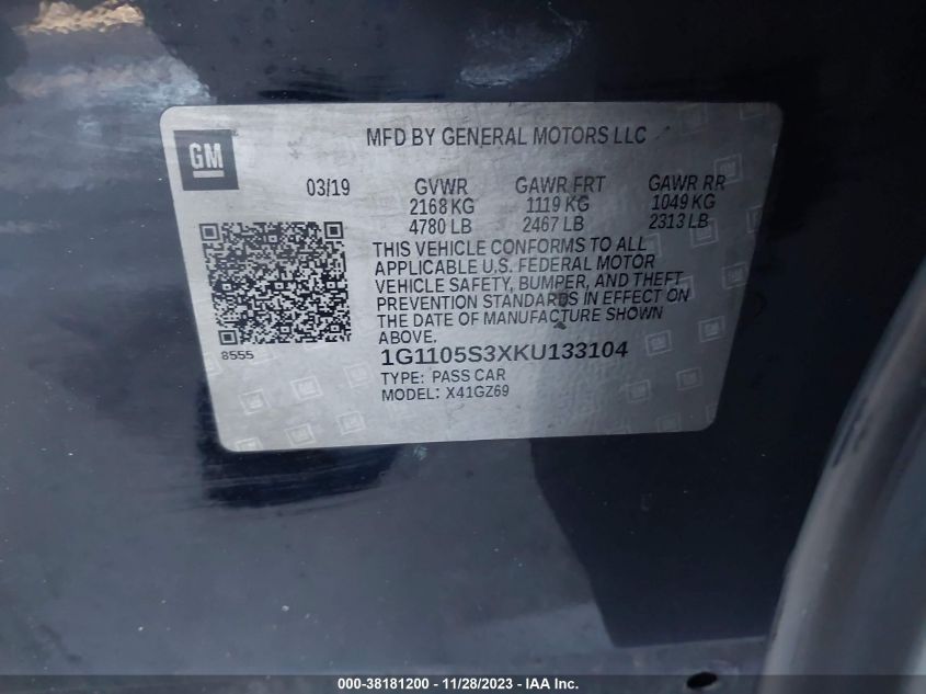 2019 CHEVROLET IMPALA PREMIER - 1G1105S3XKU133104