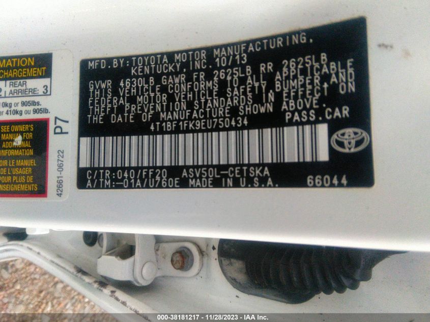 2014 TOYOTA CAMRY L/LE/XLE/SE/SE SPORT - 4T1BF1FK9EU750434