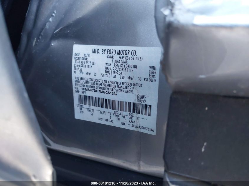 2021 FORD EXPLORER XLT - 1FMSK7DH7MGC51537