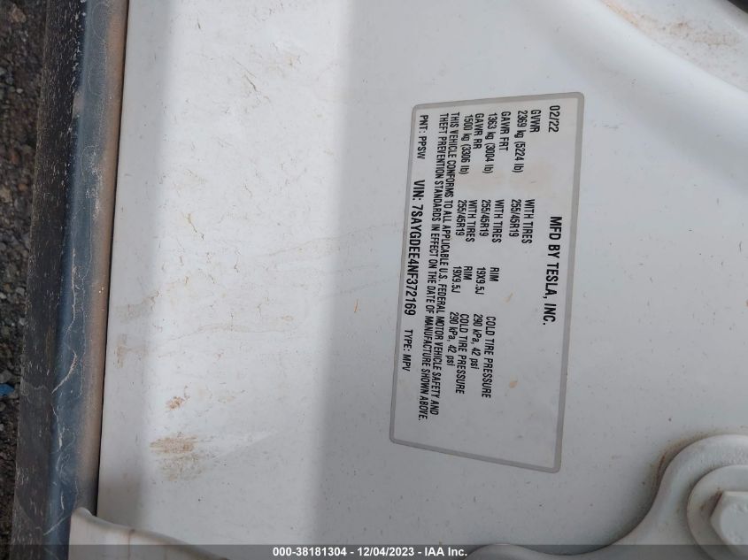 2022 TESLA MODEL Y - 7SAYGDEE4NF372169