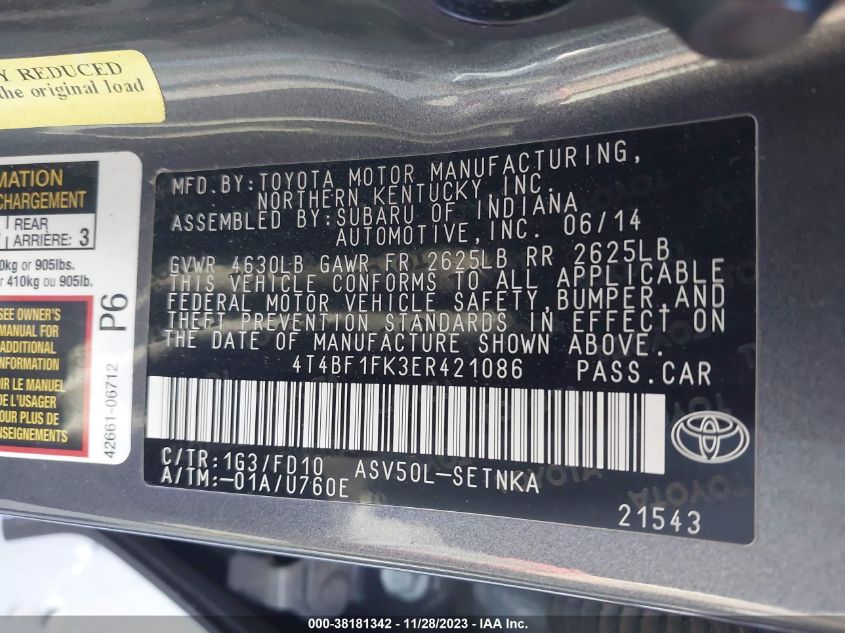 2014 TOYOTA CAMRY LE - 4T4BF1FK3ER421086