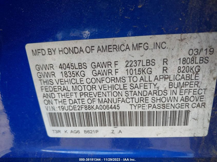2019 ACURA ILX PREMIUM A-SPEC/TECHNOLOGY - 19UDE2F88KA006445