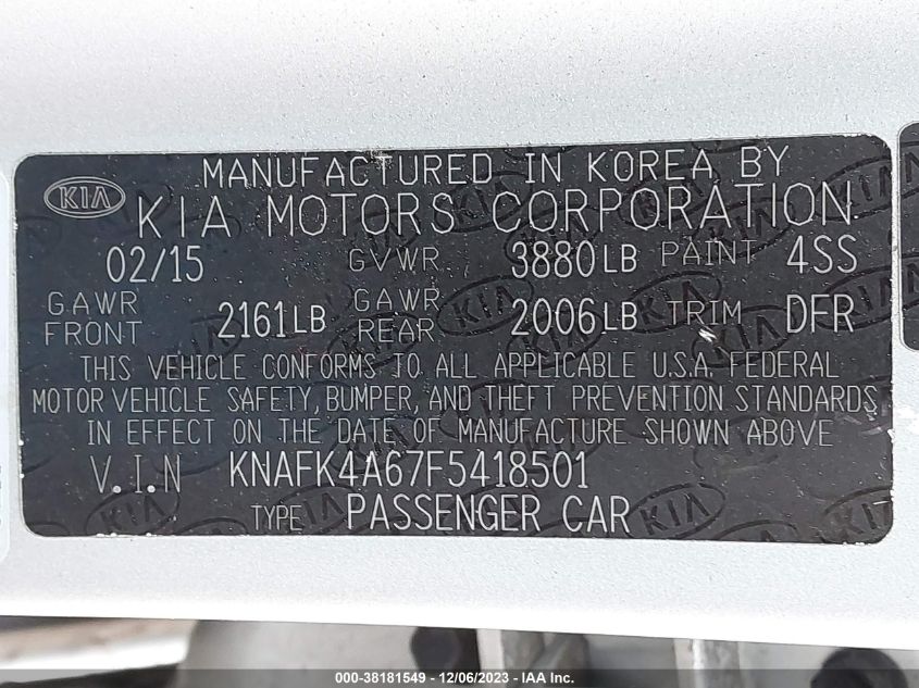 2015 KIA FORTE LX - KNAFK4A67F5418501