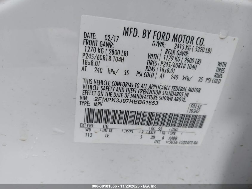 2FMPK3J97HBB61653 2017 FORD EDGE, photo no. 9