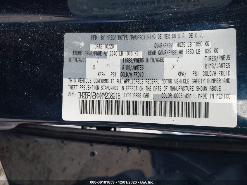 2021 MAZDA MAZDA3 SELECT - 3MZBPABMXMM208218
