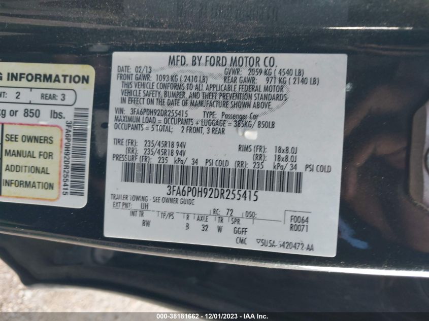 2013 FORD FUSION SE - 3FA6P0H92DR255415