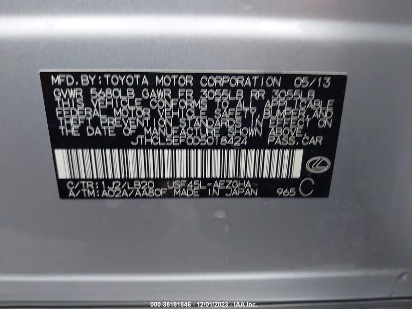 2013 LEXUS LS 460 JTHCL5EF0D5018424