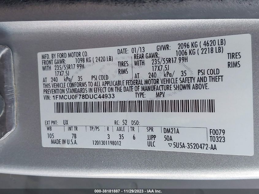 2013 FORD ESCAPE S - 1FMCU0F78DUC44933