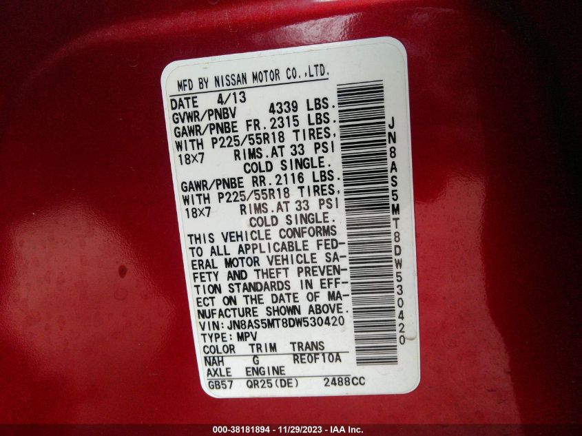 2013 NISSAN ROGUE SV W/SL PKG - JN8AS5MT8DW530420