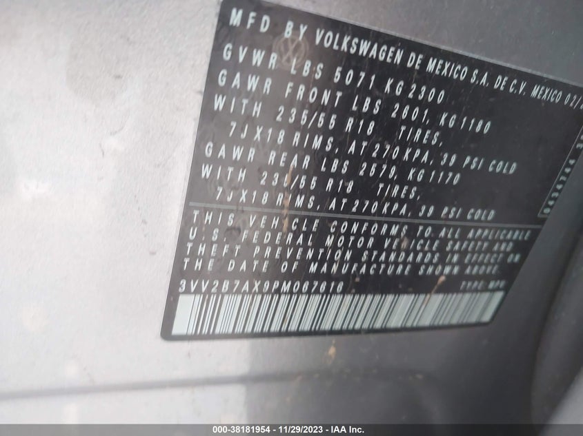 VIN 3VV2B7AX9PM067616 2023 VOLKSWAGEN TIGUAN SE