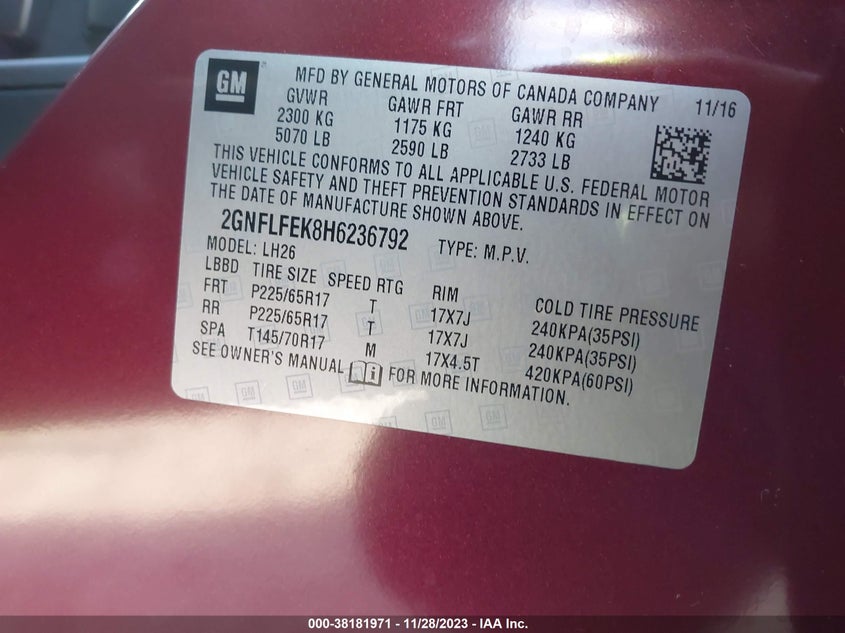 VIN 2GNFLFEK8H6236792 2017 CHEVROLET EQUINOX LT