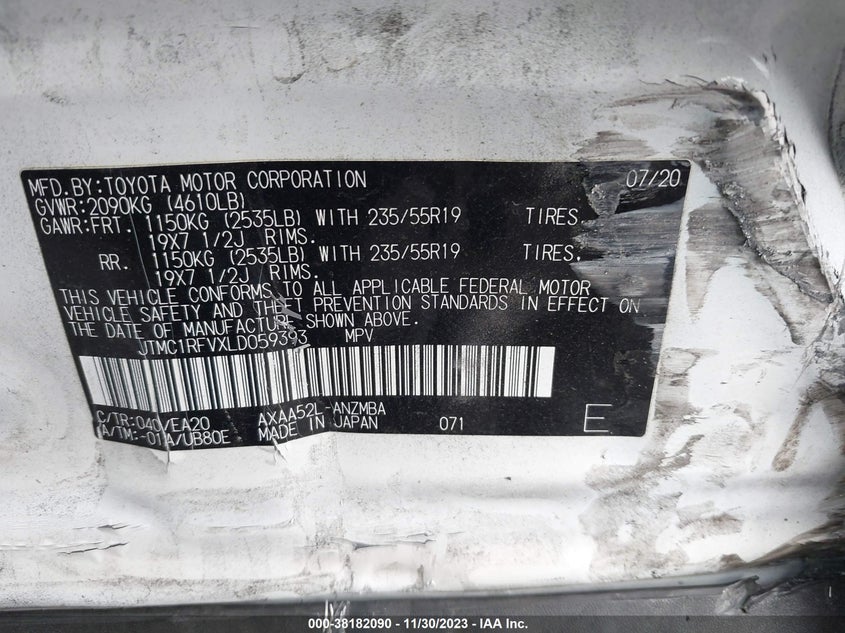 VIN JTMC1RFVXLD059393 2020 TOYOTA RAV4 XLE PREMIUM