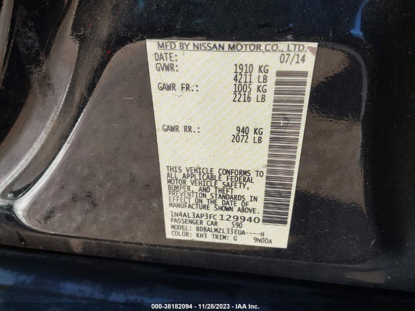 2015 NISSAN ALTIMA 2.5/S/SV/SL - 1N4AL3AP3FC129940