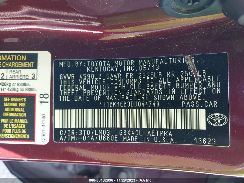 2013 TOYOTA AVALON LIMITED - 4T1BK1EB3DU044748
