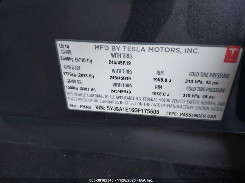 2016 TESLA MODEL S 60/70/75/85 - 5YJSA1E16GF175605
