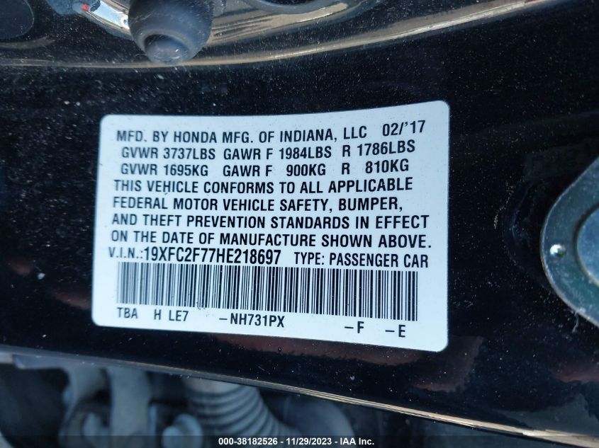 2017 HONDA CIVIC EX - 19XFC2F77HE218697