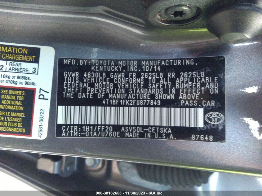 2015 TOYOTA CAMRY LE/SE/XLE/XSE - 4T1BF1FK2FU877849