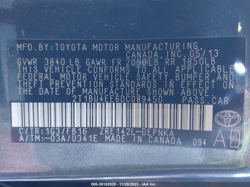 2013 TOYOTA COROLLA LE - 2T1BU4EE6DC089450