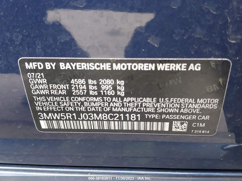 2021 BMW 330I 3MW5R1J03M8C21181