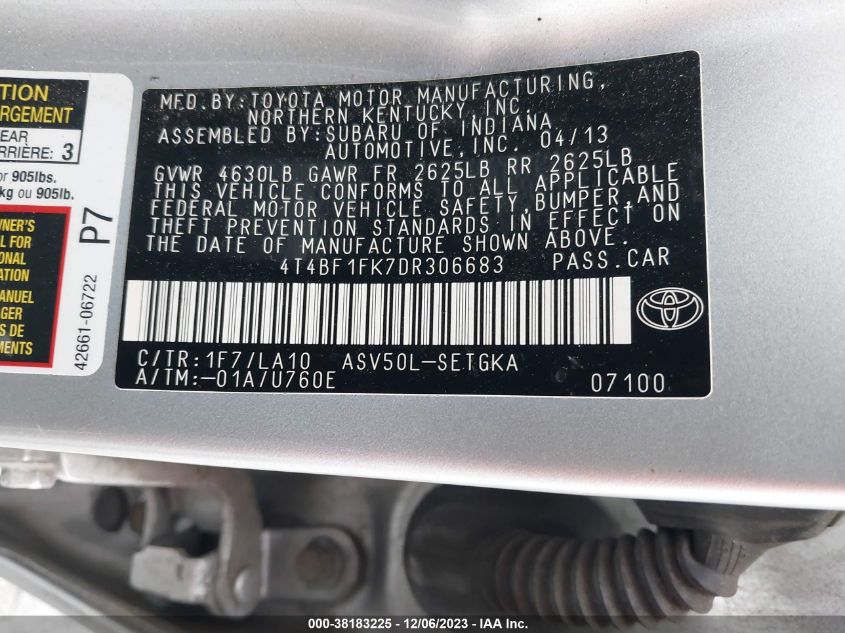 2013 TOYOTA CAMRY L/SE/LE/XLE - 4T4BF1FK7DR306683