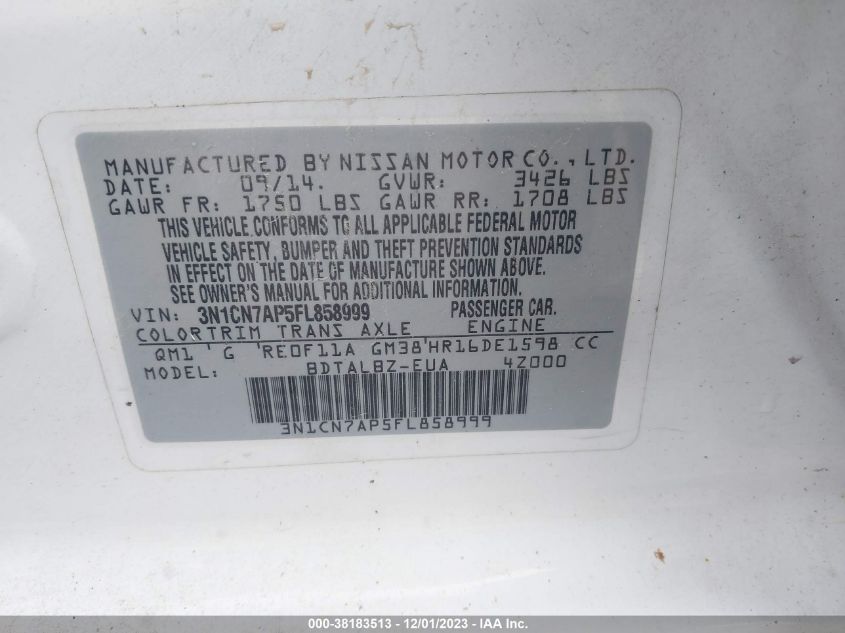 2015 NISSAN VERSA S/S PLUS/SV/SL - 3N1CN7AP5FL858999