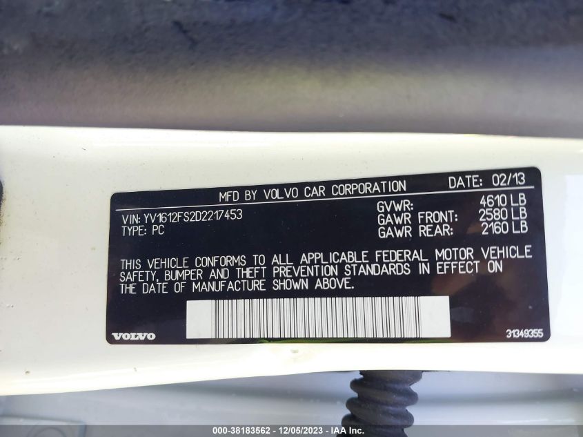 2013 VOLVO S60 T5/T5 PLATINUM - YV1612FS2D2217453
