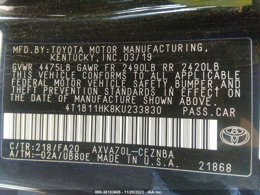 2019 TOYOTA CAMRY LE - 4T1B11HK8KU233830