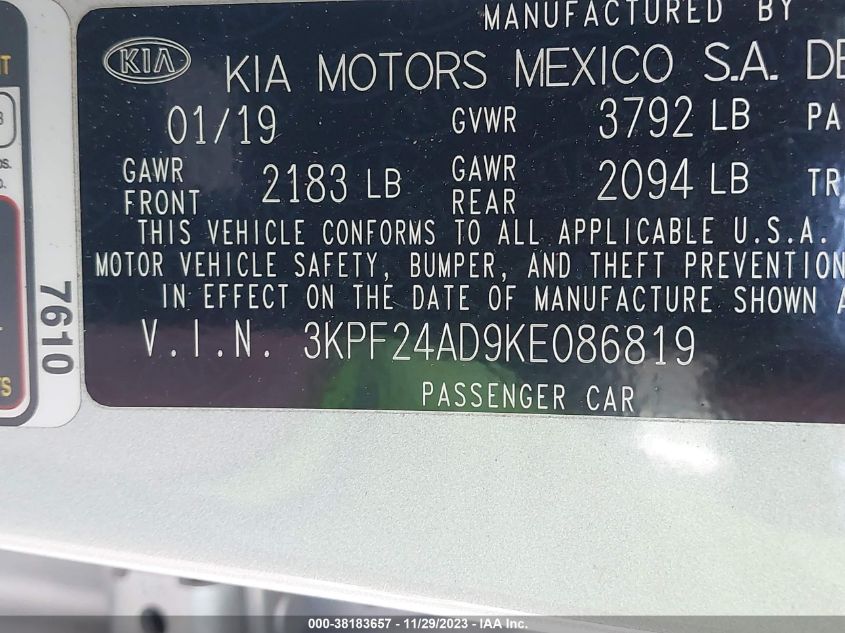 3KPF24AD9KE086819 | 2019 KIA FORTE