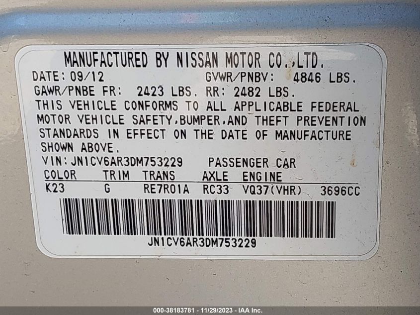 2013 INFINITI G37X X - JN1CV6AR3DM753229